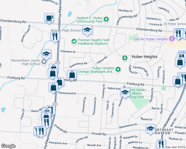 map of restaurants, bars, coffee shops, grocery stores, and more near 5054 Tewkesbury Drive in Dayton