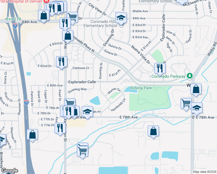 map of restaurants, bars, coffee shops, grocery stores, and more near 7982 Marion Court in Thornton