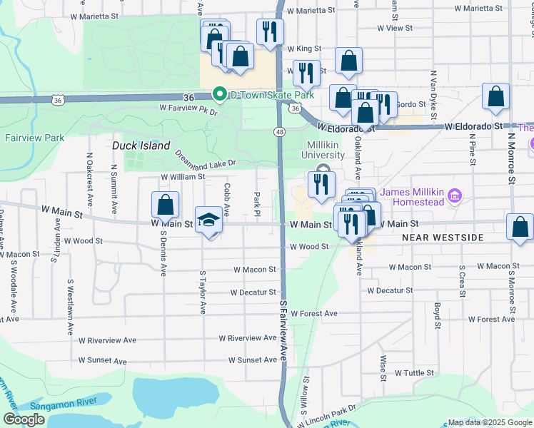 map of restaurants, bars, coffee shops, grocery stores, and more near 1360 West Main Street in Decatur
