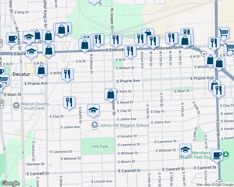 map of restaurants, bars, coffee shops, grocery stores, and more near 1201-1299 E Main St in Decatur