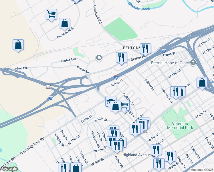 map of restaurants, bars, coffee shops, grocery stores, and more near 2718 Curran Street in Chester