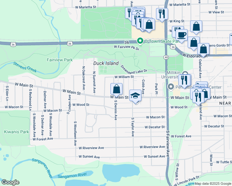 map of restaurants, bars, coffee shops, grocery stores, and more near 124 North Dennis Avenue in Decatur