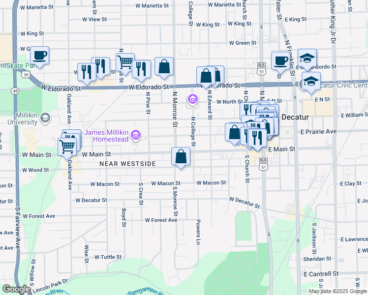 map of restaurants, bars, coffee shops, grocery stores, and more near 600 West Main Street in Decatur