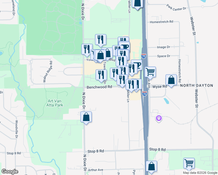 map of restaurants, bars, coffee shops, grocery stores, and more near 3324 Benchwood Road in Dayton