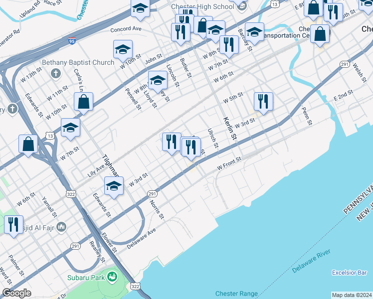 map of restaurants, bars, coffee shops, grocery stores, and more near 929 West 3rd Street in Chester