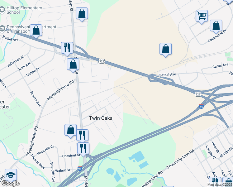 map of restaurants, bars, coffee shops, grocery stores, and more near 335 Belvue Terrace in Aston
