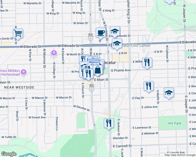 map of restaurants, bars, coffee shops, grocery stores, and more near 101 North Water Street in Decatur