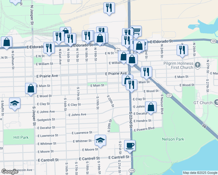 map of restaurants, bars, coffee shops, grocery stores, and more near 124 South 20th Street in Decatur