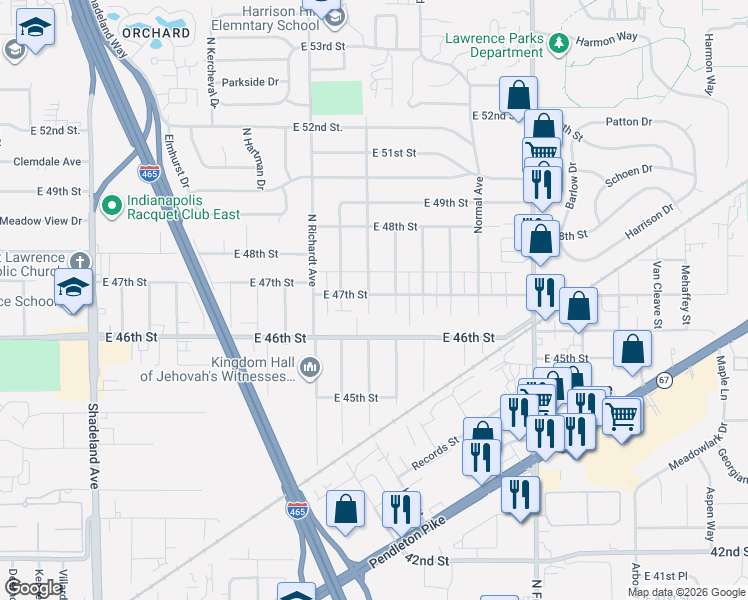 map of restaurants, bars, coffee shops, grocery stores, and more near 7623 East 47th Street in Indianapolis