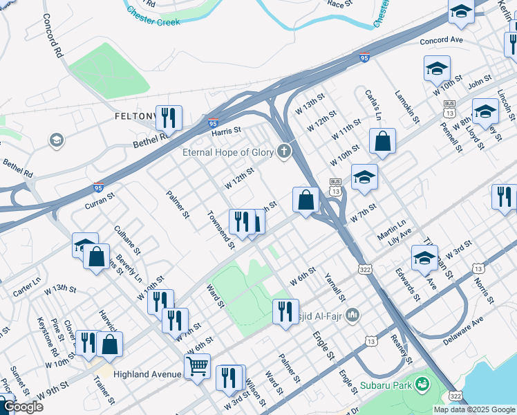 map of restaurants, bars, coffee shops, grocery stores, and more near 2102 West 10th Street in Chester