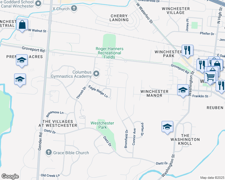 map of restaurants, bars, coffee shops, grocery stores, and more near 6689 Eagle Ridge Lane in Canal Winchester
