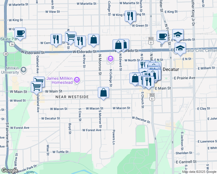 map of restaurants, bars, coffee shops, grocery stores, and more near 500 West Main Street in Decatur