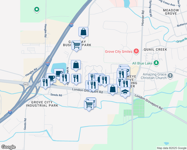 map of restaurants, bars, coffee shops, grocery stores, and more near 2812 Sunset Maple South in Grove City