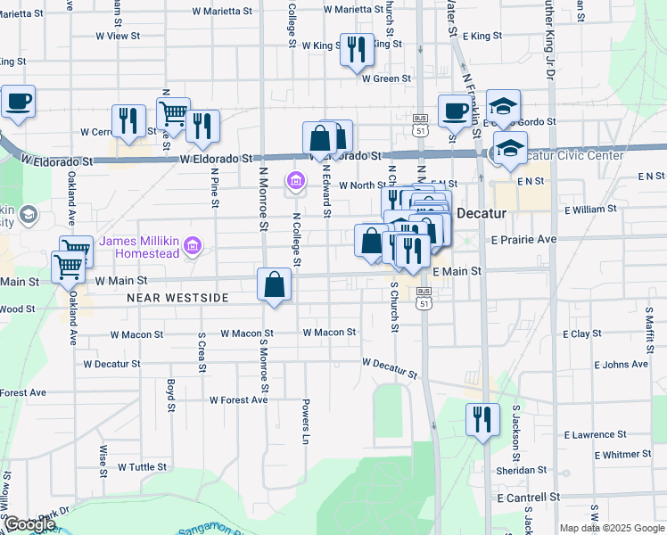 map of restaurants, bars, coffee shops, grocery stores, and more near 1-199 North Edward Street in Decatur