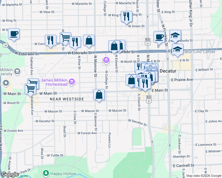 map of restaurants, bars, coffee shops, grocery stores, and more near 500 West Main Street in Decatur