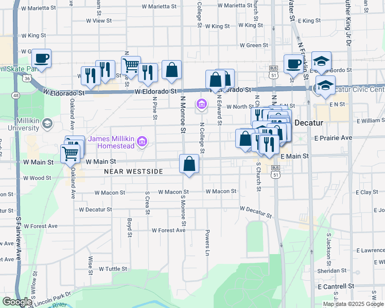 map of restaurants, bars, coffee shops, grocery stores, and more near 600 West Main Street in Decatur