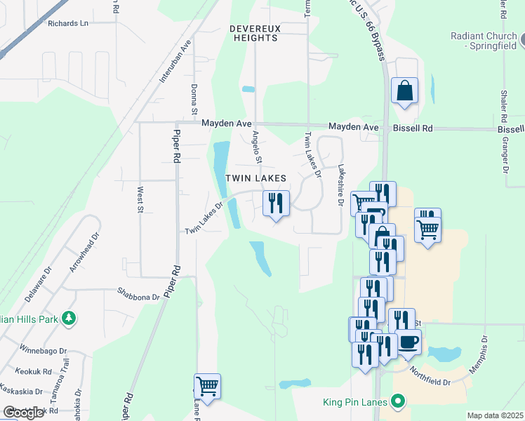map of restaurants, bars, coffee shops, grocery stores, and more near 2800-2898 Huron Dr in Springfield
