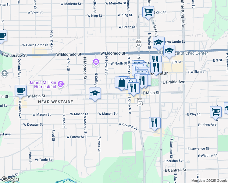 map of restaurants, bars, coffee shops, grocery stores, and more near 276 West Main Street in Decatur