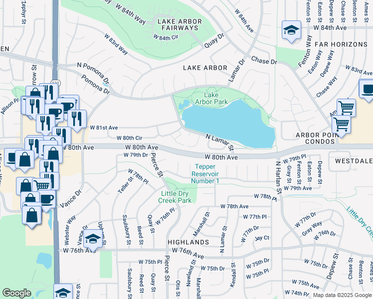 map of restaurants, bars, coffee shops, grocery stores, and more near 8010 Marshall Court in Arvada