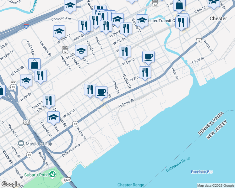 map of restaurants, bars, coffee shops, grocery stores, and more near 738 West 2nd Street in Chester
