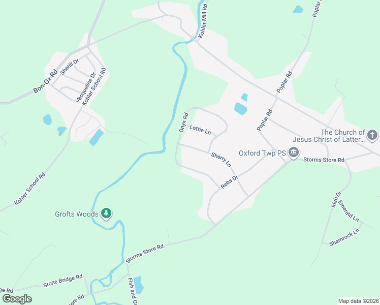 map of restaurants, bars, coffee shops, grocery stores, and more near 140 Sherry Lane in New Oxford