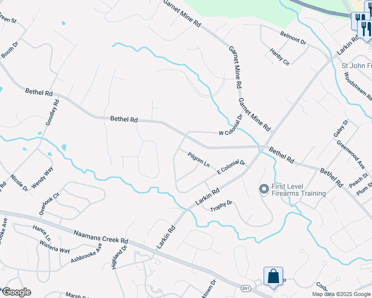 map of restaurants, bars, coffee shops, grocery stores, and more near 4530 Pilgrim Lane in Boothwyn