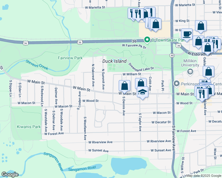 map of restaurants, bars, coffee shops, grocery stores, and more near 127 North Woodlawn Avenue in Decatur