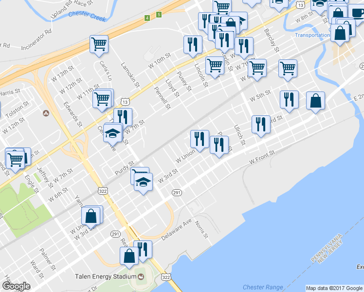 map of restaurants, bars, coffee shops, grocery stores, and more near 341 Lamokin Street in Chester