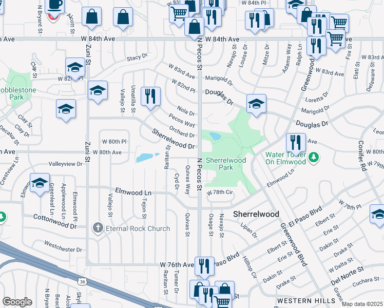map of restaurants, bars, coffee shops, grocery stores, and more near 1777 West 79th Way in Denver