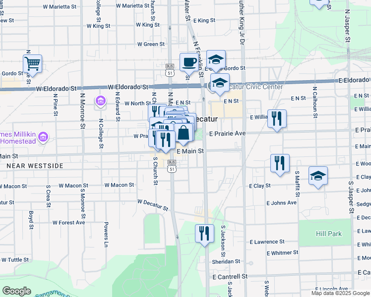 map of restaurants, bars, coffee shops, grocery stores, and more near 101 North Water Street in Decatur