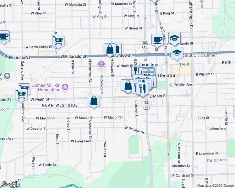 map of restaurants, bars, coffee shops, grocery stores, and more near 1-199 North Edward Street in Decatur