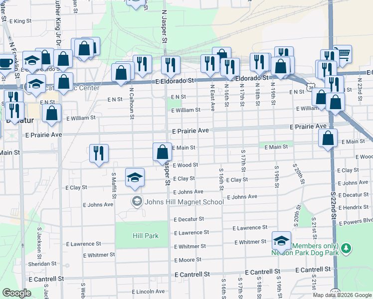 map of restaurants, bars, coffee shops, grocery stores, and more near 1201-1299 E Main St in Decatur