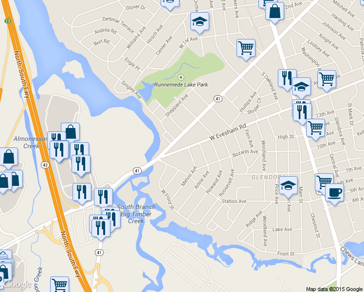 map of restaurants, bars, coffee shops, grocery stores, and more near 719 W Evesham Rd in Runnemede