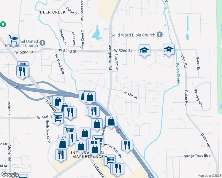 map of restaurants, bars, coffee shops, grocery stores, and more near Georgetown Road & West 47th Street in Indianapolis