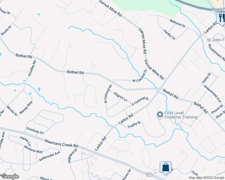 map of restaurants, bars, coffee shops, grocery stores, and more near 4530 Pilgrim Lane in Boothwyn