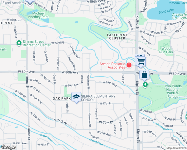 map of restaurants, bars, coffee shops, grocery stores, and more near 10600 West 80th Avenue in Arvada