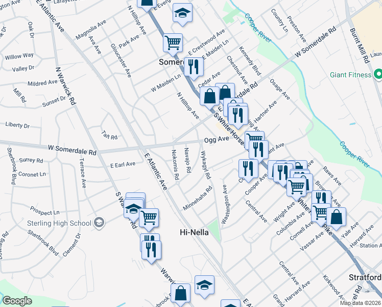 map of restaurants, bars, coffee shops, grocery stores, and more near 16 Hiawatha Road in Somerdale