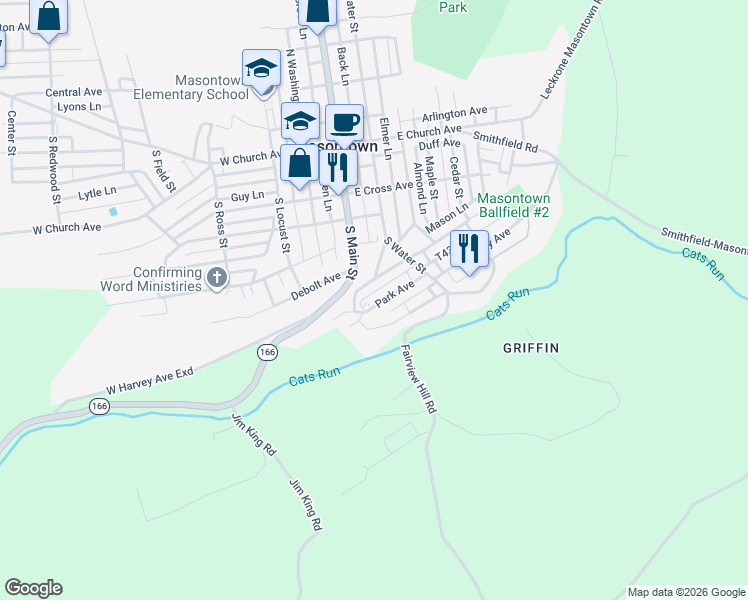 map of restaurants, bars, coffee shops, grocery stores, and more near 15 Park Avenue in Masontown
