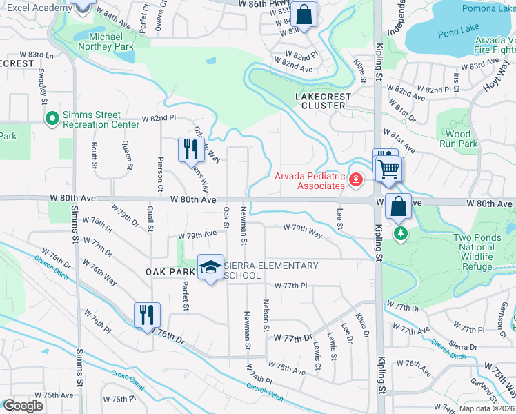 map of restaurants, bars, coffee shops, grocery stores, and more near 10600 West 80th Avenue in Arvada