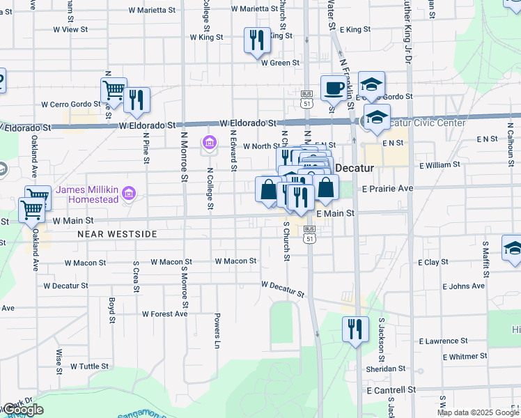 map of restaurants, bars, coffee shops, grocery stores, and more near 276 West Main Street in Decatur