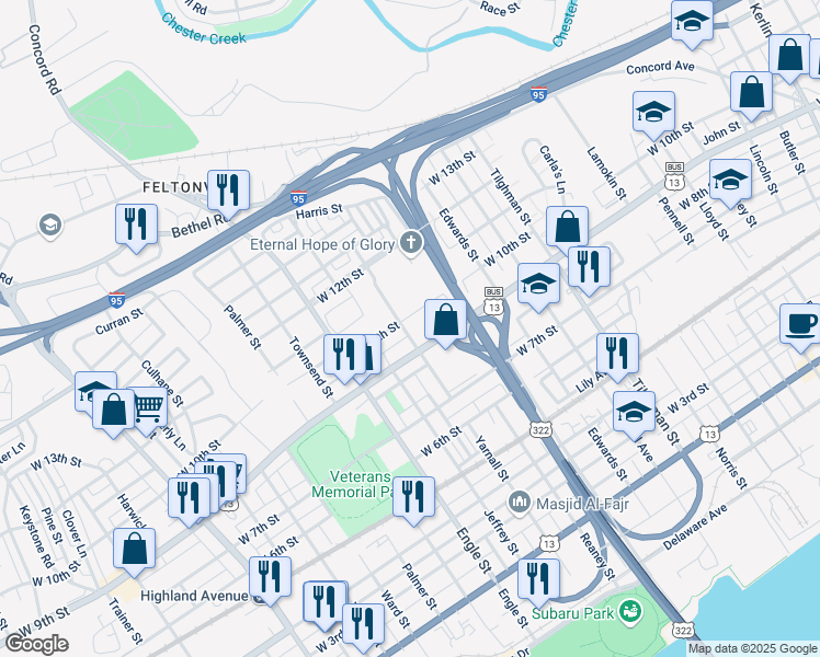 map of restaurants, bars, coffee shops, grocery stores, and more near 933 Yarnall Street in Chester