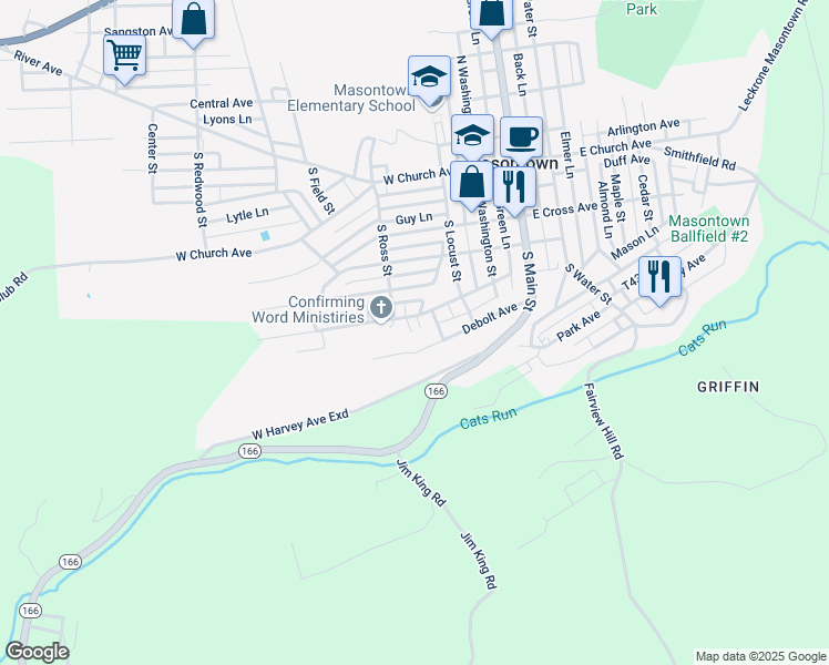 map of restaurants, bars, coffee shops, grocery stores, and more near 225 Fairview Avenue in Masontown