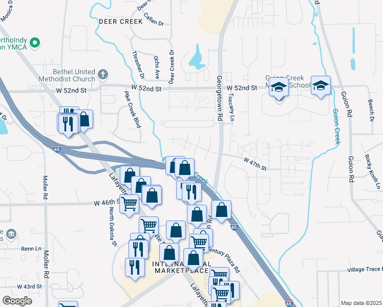 map of restaurants, bars, coffee shops, grocery stores, and more near 4650 Oakhurst Place in Indianapolis