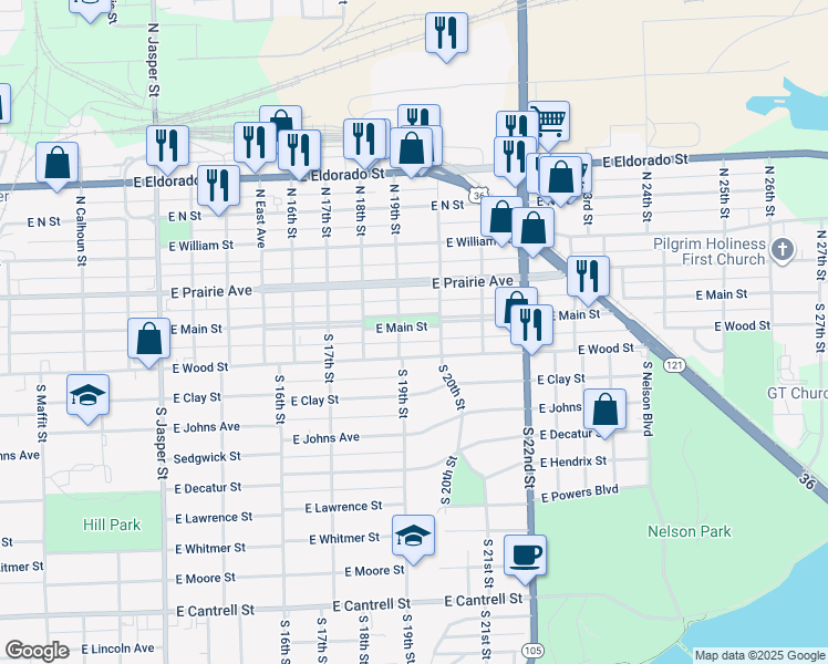 map of restaurants, bars, coffee shops, grocery stores, and more near 1929 East Main Street in Decatur