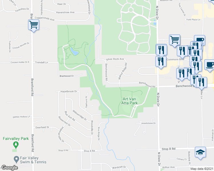 map of restaurants, bars, coffee shops, grocery stores, and more near 3068 Benchwood Road in Dayton