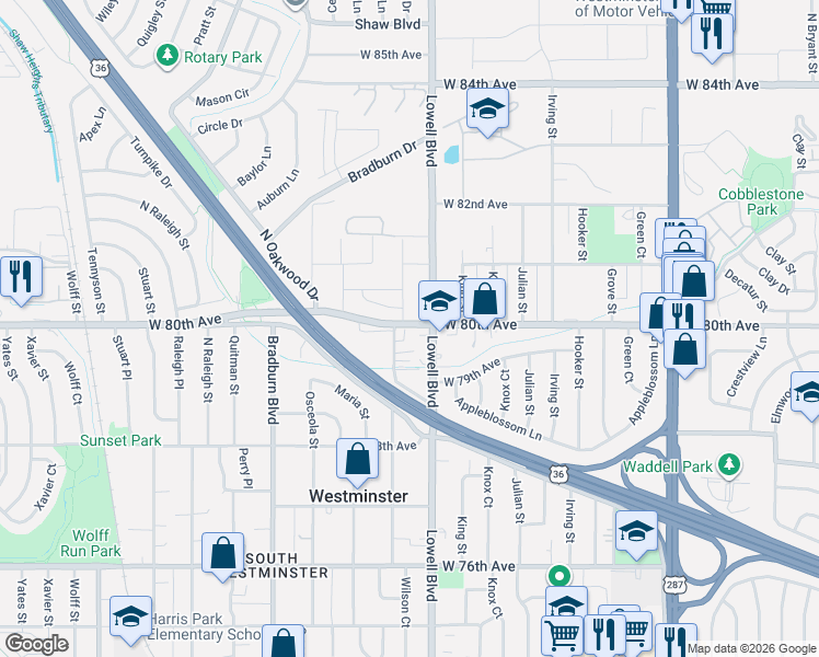 map of restaurants, bars, coffee shops, grocery stores, and more near 7993 Lowell Boulevard in Westminster