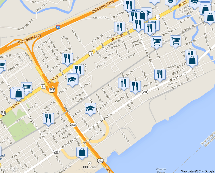 map of restaurants, bars, coffee shops, grocery stores, and more near 341 Lamokin Street in Chester