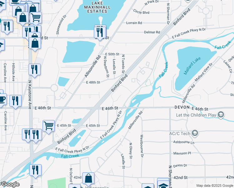 map of restaurants, bars, coffee shops, grocery stores, and more near 4717-4761 Binford Boulevard in Indianapolis