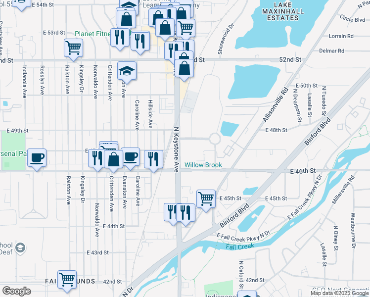 map of restaurants, bars, coffee shops, grocery stores, and more near 2421 Willowbrook Parkway in Indianapolis