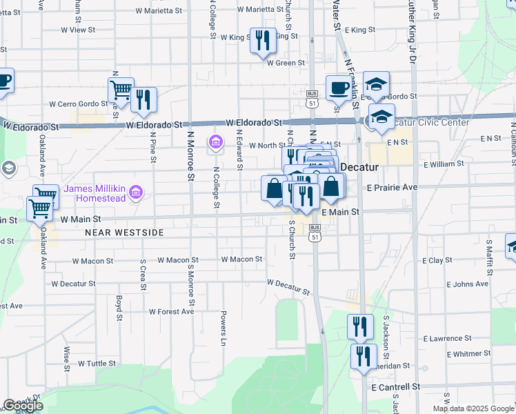 map of restaurants, bars, coffee shops, grocery stores, and more near 276 West Main Street in Decatur